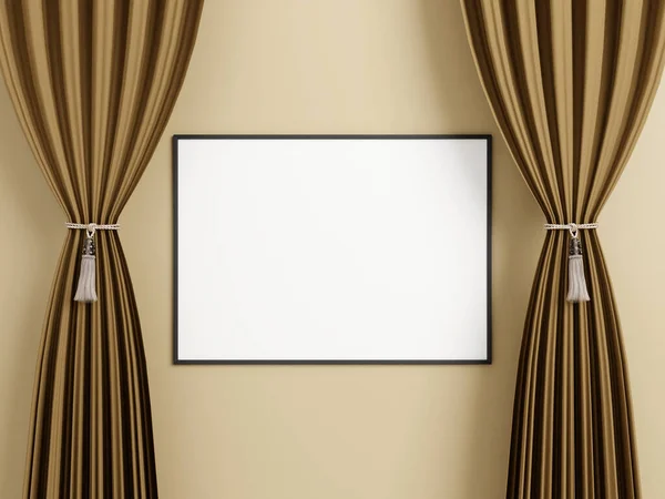 Minimalist horizontal black poster or photo frame mockup on the wall between the curtain. 3d rendering.