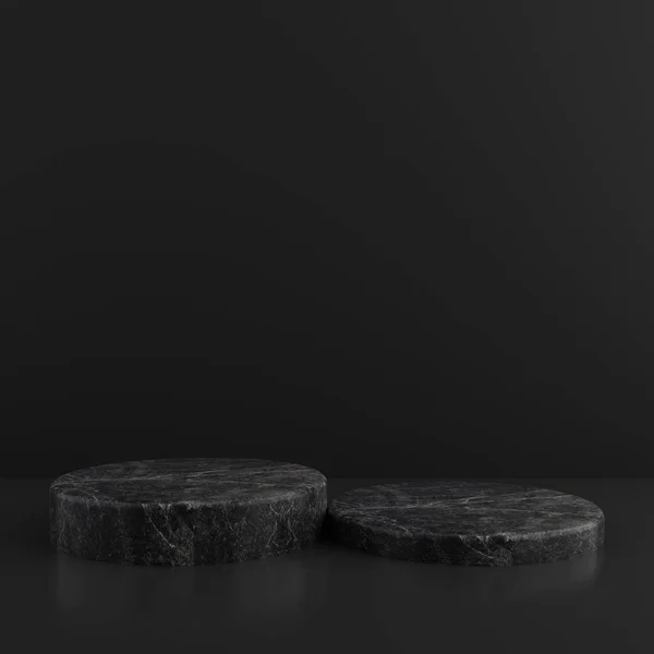 Minimalist basit mermer mermer silindir podyum veya ürün sunumu için koyu renk arkaplan içeren kaidesel ekran. 3d oluşturma