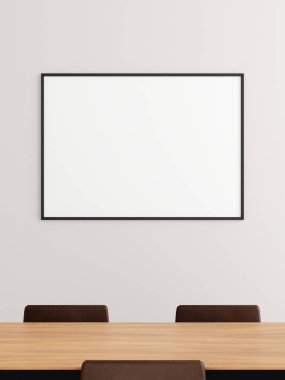Ofis odasındaki duvarda minimalist yatay siyah poster ya da fotoğraf çerçevesi modeli var. 3d oluşturma.