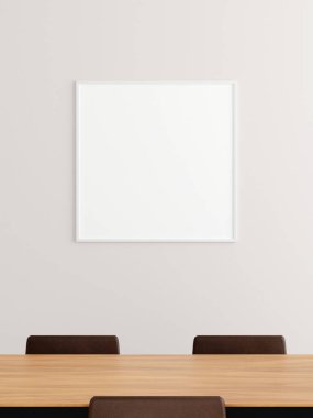 Ofis odasındaki duvarda minimalist kare beyaz poster ya da fotoğraf çerçevesi modeli. 3d oluşturma.