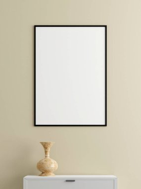 Minimalist dikey siyah poster ya da oturma odasındaki masa başı duvardaki fotoğraf çerçevesi modeli. 3d oluşturma.