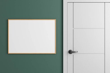 Modern ve minimalist yatay ahşap poster ya da oturma odasındaki duvardaki fotoğraf çerçevesi modeli. 3d oluşturma.