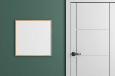 Modern ve minimalist kare ahşap poster ya da oturma odasındaki duvardaki fotoğraf çerçevesi modeli. 3d oluşturma.