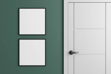 Modern ve minimalist kare siyah poster ya da oturma odasındaki duvardaki fotoğraf çerçevesi modeli. 3d oluşturma.