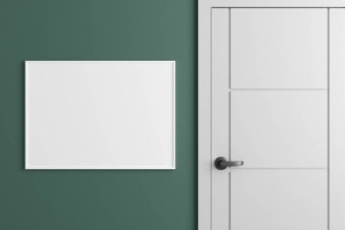 Modern ve minimalist yatay beyaz poster ya da oturma odasındaki duvardaki fotoğraf çerçevesi modeli. 3d oluşturma.