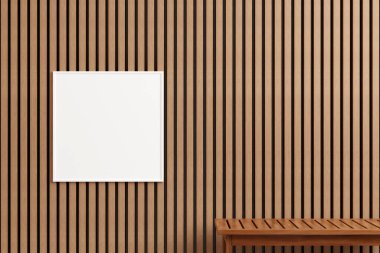 Modern ve minimalist kare kare beyaz poster ya da açık hava ahşap duvarında fotoğraf çerçevesi modeli. 3d oluşturma.