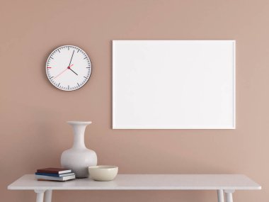 Modern ve minimalist yatay beyaz poster ya da oturma odasındaki duvardaki fotoğraf çerçevesi modeli. 3d oluşturma.