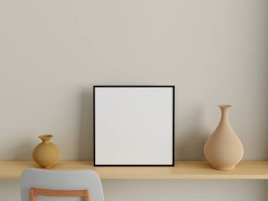 Modern ve minimalist kare siyah poster ya da oturma odasındaki duvardaki fotoğraf çerçevesi modeli. 3d oluşturma.