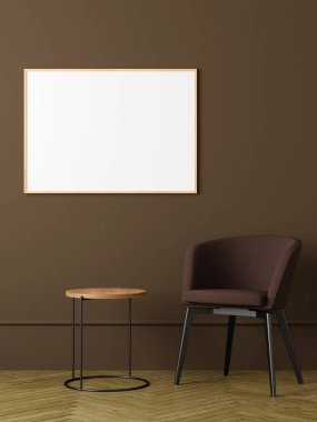Modern ve minimalist yatay ahşap poster ya da oturma odasındaki duvardaki fotoğraf çerçevesi modeli. 3d oluşturma.