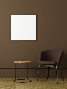 Modern ve minimalist kare siyah poster ya da oturma odasındaki duvardaki fotoğraf çerçevesi modeli. 3d oluşturma.