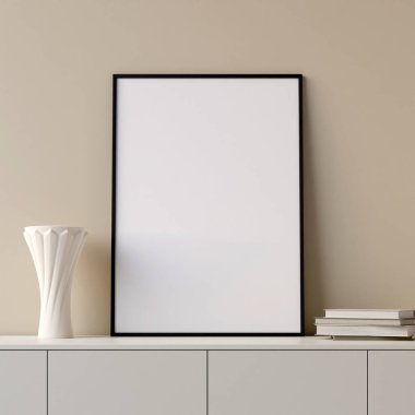 Modern and minimalist vertical black poster or photo frame mockup on the table in the living room. 3d rendering.