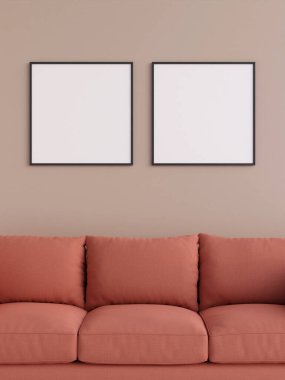 Modern ve minimalist kare siyah poster ya da oturma odasındaki duvardaki fotoğraf çerçevesi modeli. 3d oluşturma.