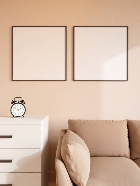 Twin modern and minimalist square black poster or photo frame mockup on the wall in the living room. 3d rendering.