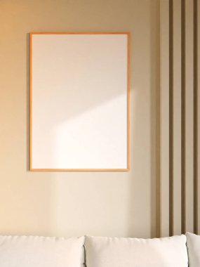 Modern ve minimalist dikey ahşap poster ya da oturma odasındaki duvardaki fotoğraf çerçevesi modeli. 3d oluşturma.