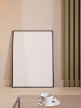 Modern and minimalist vertical black poster or photo frame mockup leaning against the room wall. 3d rendering.