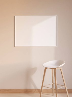 Modern ve minimalist yatay beyaz poster ya da oturma odasındaki duvardaki fotoğraf çerçevesi modeli. 3d oluşturma.
