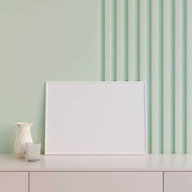 Modern and minimalist horizontal white poster or photo frame mockup on the table in the living room. 3d rendering.