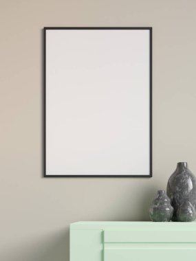 Modern ve minimalist dikey siyah poster ya da oturma odasındaki duvardaki fotoğraf çerçevesi modeli. 3d oluşturma.