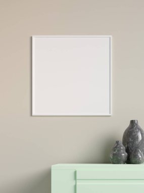 Modern ve minimalist kare kare beyaz poster ya da oturma odasındaki duvardaki fotoğraf çerçevesi modeli. 3d oluşturma.