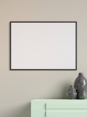 Modern ve minimalist yatay siyah poster ya da oturma odasındaki duvardaki fotoğraf çerçevesi modeli. 3d oluşturma.