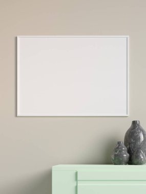 Modern ve minimalist yatay beyaz poster ya da oturma odasındaki duvardaki fotoğraf çerçevesi modeli. 3d oluşturma.
