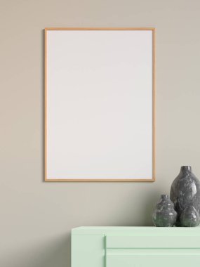 Modern ve minimalist dikey ahşap poster ya da oturma odasındaki duvardaki fotoğraf çerçevesi modeli. 3d oluşturma.