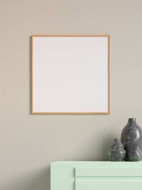 Modern ve minimalist kare ahşap poster ya da oturma odasındaki duvardaki fotoğraf çerçevesi modeli. 3d oluşturma.