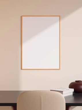 Modern ve minimalist dikey ahşap poster ya da oturma odasındaki duvardaki fotoğraf çerçevesi modeli. 3d oluşturma.