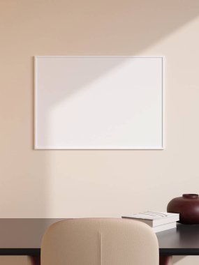 Modern ve minimalist yatay beyaz poster ya da oturma odasındaki duvardaki fotoğraf çerçevesi modeli. 3d oluşturma.
