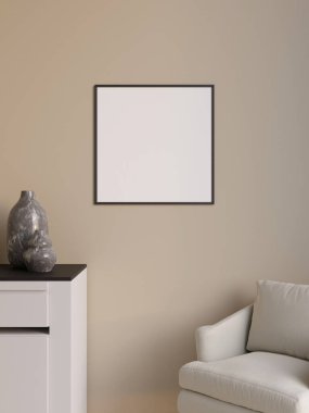 Simple and minimalist square black poster or photo frame mockup on the wall in the living room. 3d rendering.