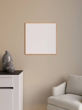 Simple and minimalist square wooden poster or photo frame mockup on the wall in the living room. 3d rendering.
