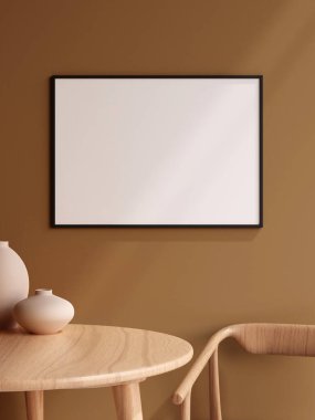 Minimalist landscape black poster or photo frame in modern living room wall interior design with vase and shadow. 3d rendering.