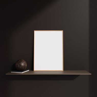 Minimalist portre ahşap poster ya da modern oturma odasının duvarında çerçeveli dekorasyon ve gölgeli iç tasarım. 3d oluşturma.
