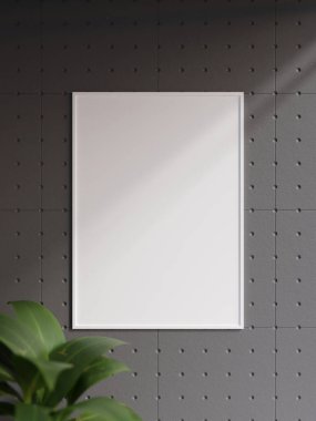 Minimalist portrait white poster or photo frame in industrial wall room interior design with plant and shadow. 3d rendering.