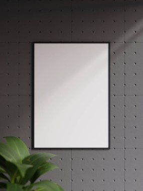 Minimalist portrait black poster or photo frame in industrial wall room interior design with plant and shadow. 3d rendering.