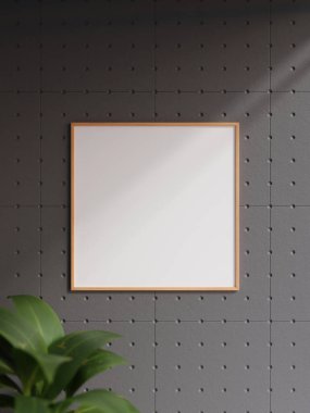 Minimalist square wooden poster or photo frame in industrial wall room interior design with plant and shadow. 3d rendering.