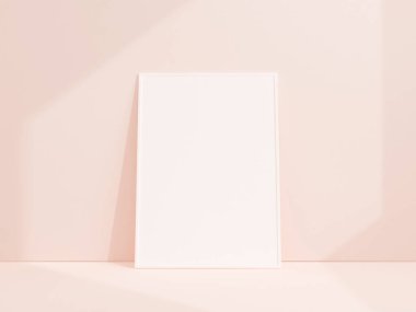 Clean and minimalist front view portrait white photo or poster frame mockup leaning against white wall. 3d rendering.