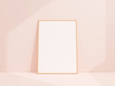 Clean and minimalist front view portrait wooden photo or poster frame mockup leaning against white wall. 3d rendering.