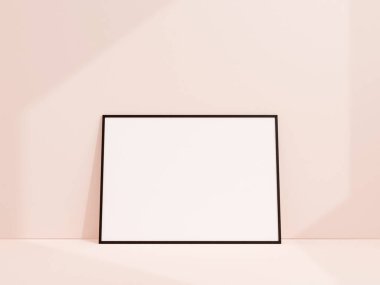 Clean and minimalist front view landscape black photo or poster frame mockup leaning against white wall. 3d rendering.