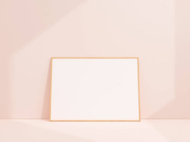 Clean and minimalist front view landscape wooden photo or poster frame mockup leaning against white wall. 3d rendering.