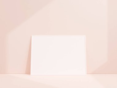 Clean and minimalist front view landscape white photo or poster frame mockup leaning against white wall. 3d rendering.