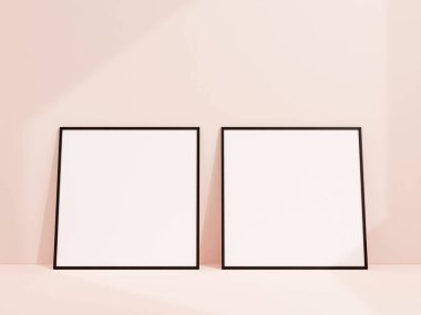 Clean and minimalist front view square black photo or poster frame mockup leaning against white wall. 3d rendering.