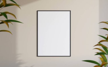 Clean and minimalist front view portrait black photo or poster frame mockup hanging on the wall with blurry plant. 3d rendering.