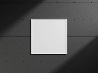 Clean and minimalist front view square white photo or poster frame mockup hanging on the industrial brick wall with shadow. 3d rendering.
