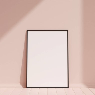 Clean and minimalist front view vertical black photo or poster frame mockup leaning against the wall with shadow. 3d rendering.