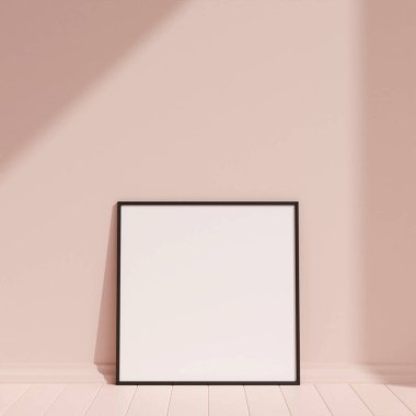 Clean and minimalist front view square black photo or poster frame mockup leaning against the wall with shadow. 3d rendering.