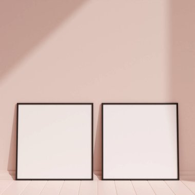 Clean and minimalist front view square black photo or poster frame mockup leaning against the wall with shadow. 3d rendering.