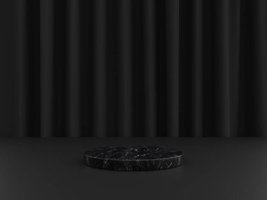 Minimalist basit mermer mermer silindir podyum veya ürün sunumu için koyu renk arkaplan içeren kaidesel ekran. 3d oluşturma