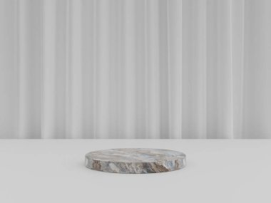 Minimalist basit mermer mermer silindir podyum veya ürün sunumu için beyaz renkli arkaplanı olan kaidesel ekran. 3d oluşturma