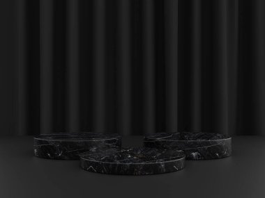Minimalist basit mermer mermer silindir podyum veya ürün sunumu için koyu renk arkaplan içeren kaidesel ekran. 3d oluşturma